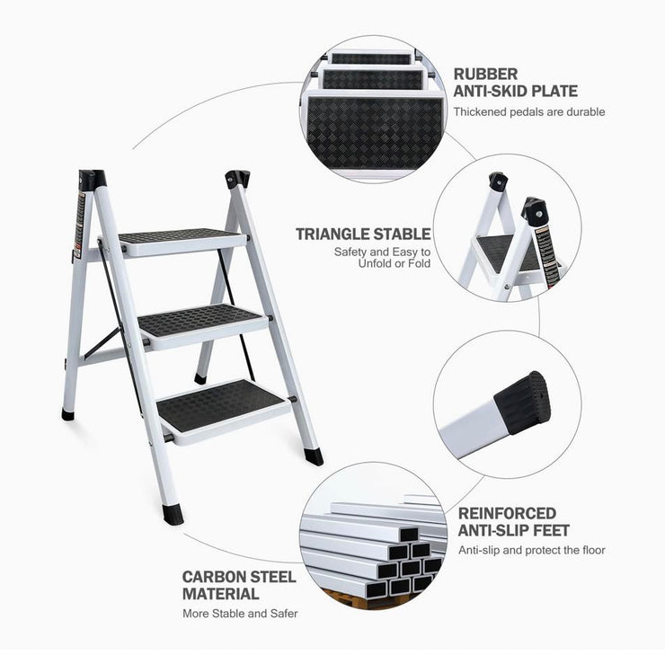 Foldable 3-Step Ladder with Wide Anti-Slip Pedal