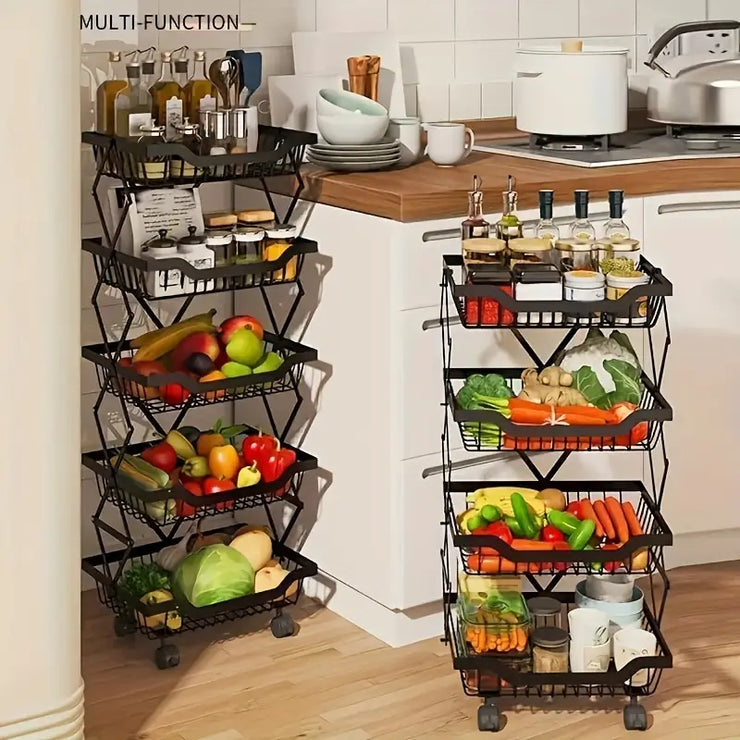 4/5-Tier Foldable Kitchen Fruit Basket with Wheels