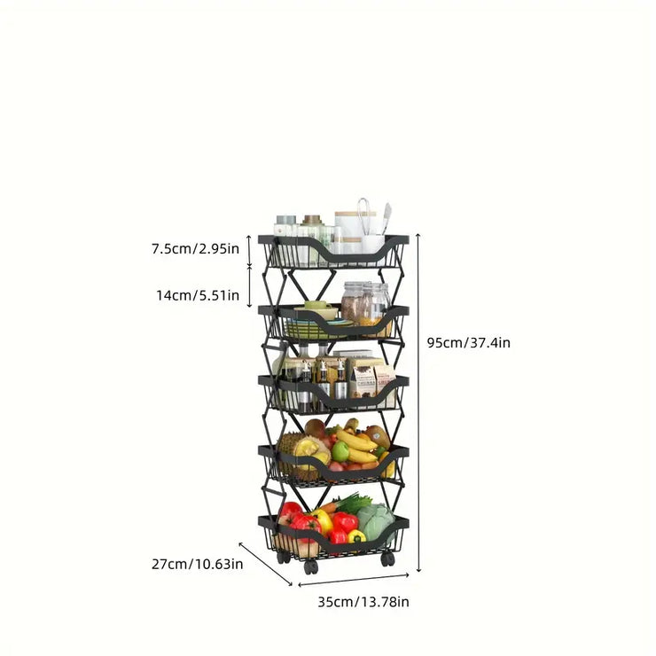 4/5-Tier Foldable Kitchen Fruit Basket with Wheels