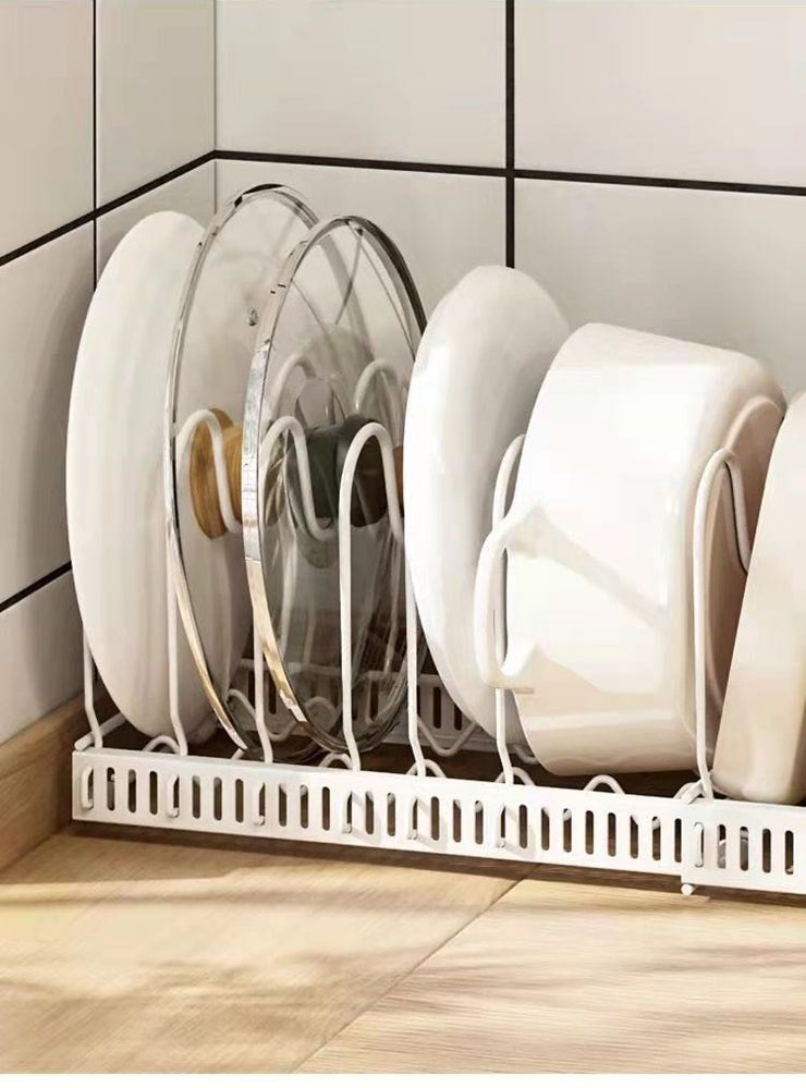 Expandable Cookware Organizer Rack – 7 Adjustable Dividers for Custom Storage