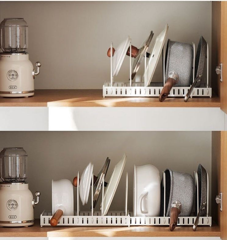 Expandable Cookware Organizer Rack – 7 Adjustable Dividers for Custom Storage
