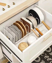 Expandable Cookware Organizer Rack – 7 Adjustable Dividers for Custom Storage