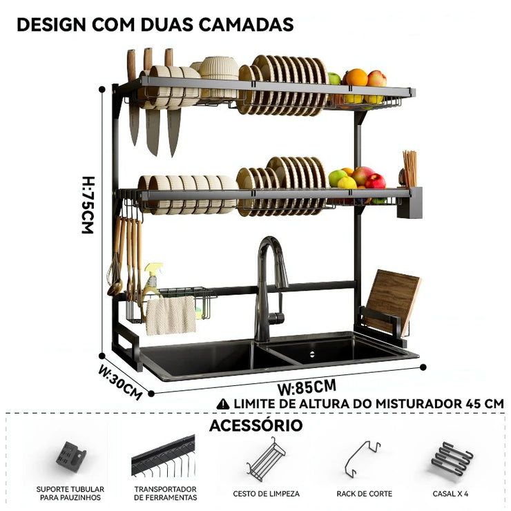 Premium Stainless Steel Kitchen Sink Rack with Cups and Cutter, Multi-functional Drain Organizer Shelf