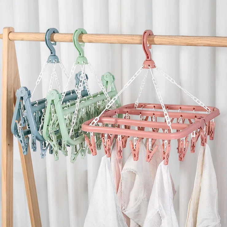 32 Clips Clothes Drying Hanger PP Windproof Clothespin for Underwear Sock Household Foldable Multi Functional Laundry Racks