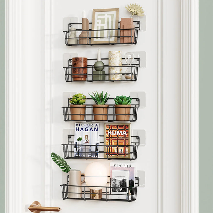 5PCS Adhesive Spices Storage Rack Black Iron Cabinet Organizer Wall Mounted Kitchen Shelves Household Multi-function Accessories