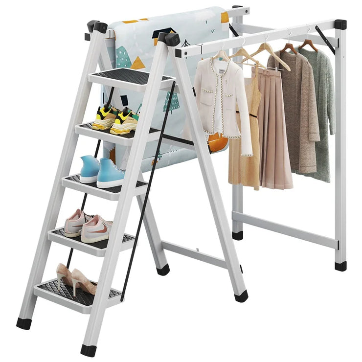 Multifunctional Folding Ladder with Retractable Clothes Rack – Zigzag Ladder for Home Use