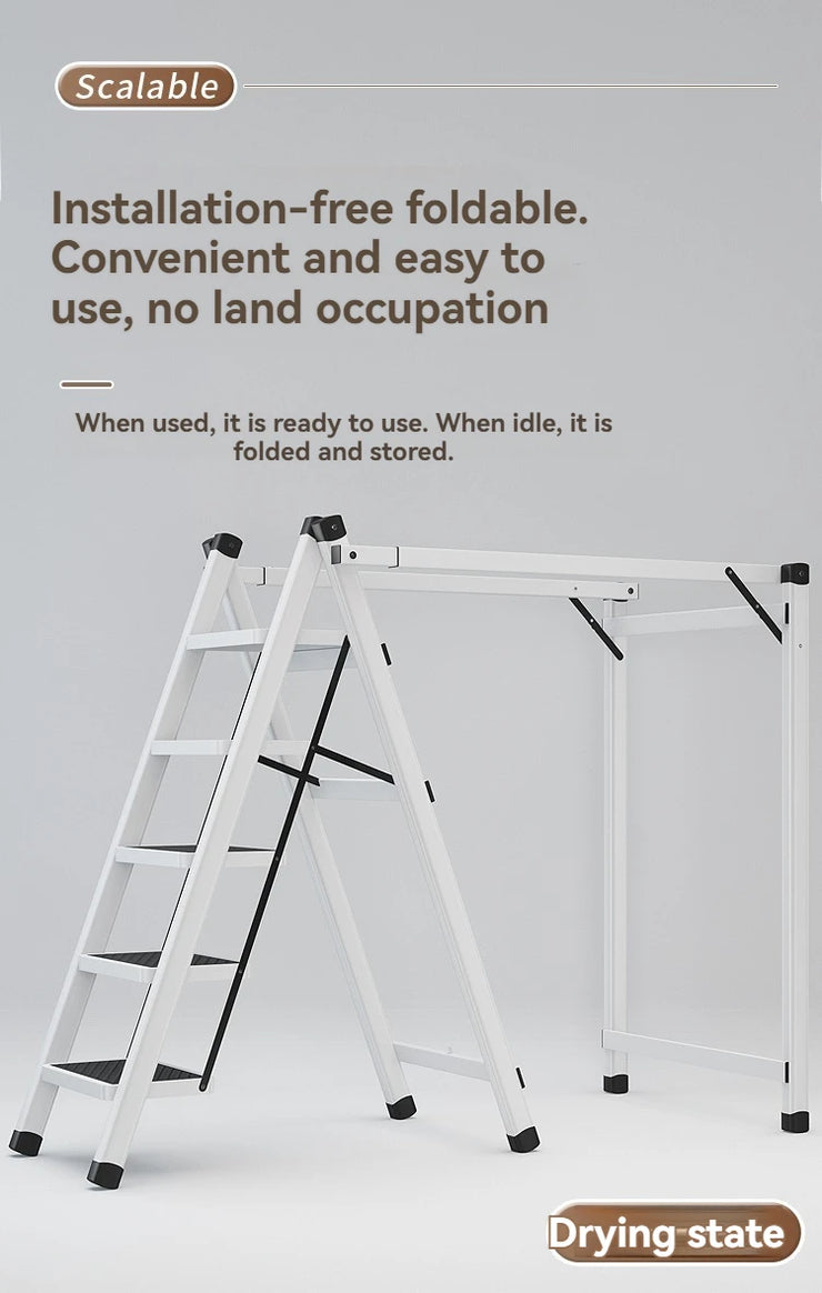 Multifunctional Folding Ladder with Retractable Clothes Rack – Zigzag Ladder for Home Use
