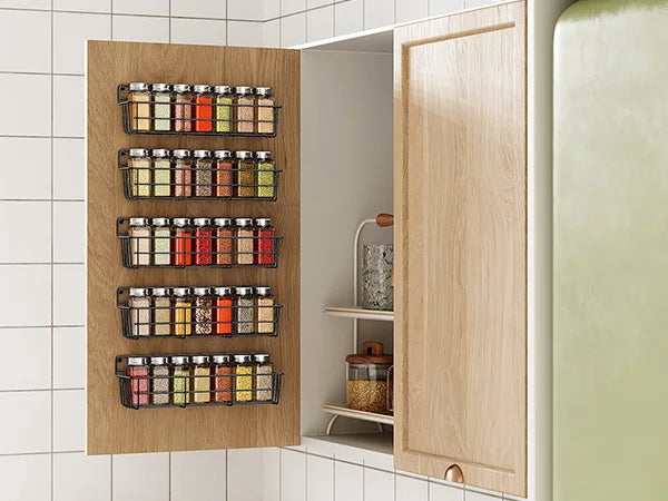 5PCS Adhesive Spices Storage Rack Black Iron Cabinet Organizer Wall Mounted Kitchen Shelves Household Multi-function Accessories