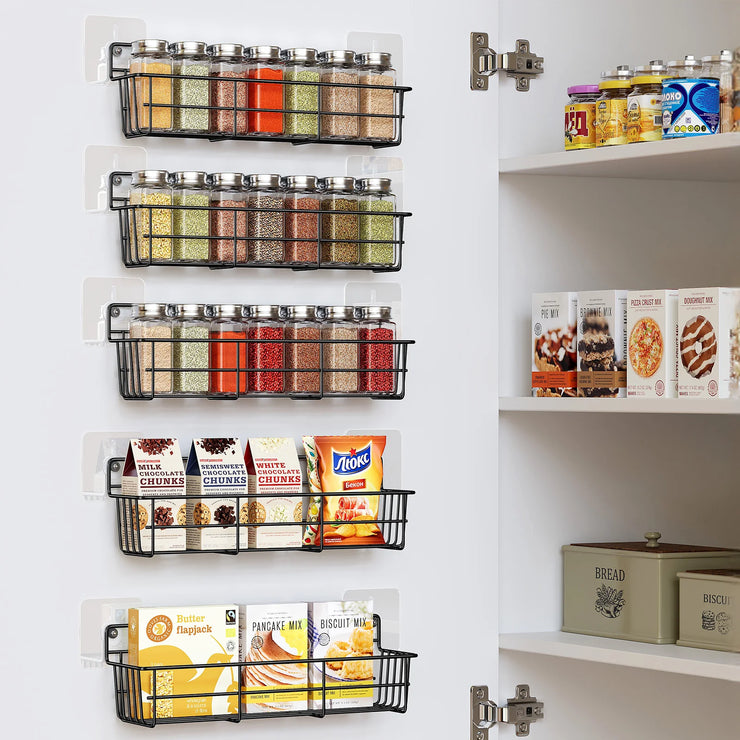 5PCS Adhesive Spices Storage Rack Black Iron Cabinet Organizer Wall Mounted Kitchen Shelves Household Multi-function Accessories