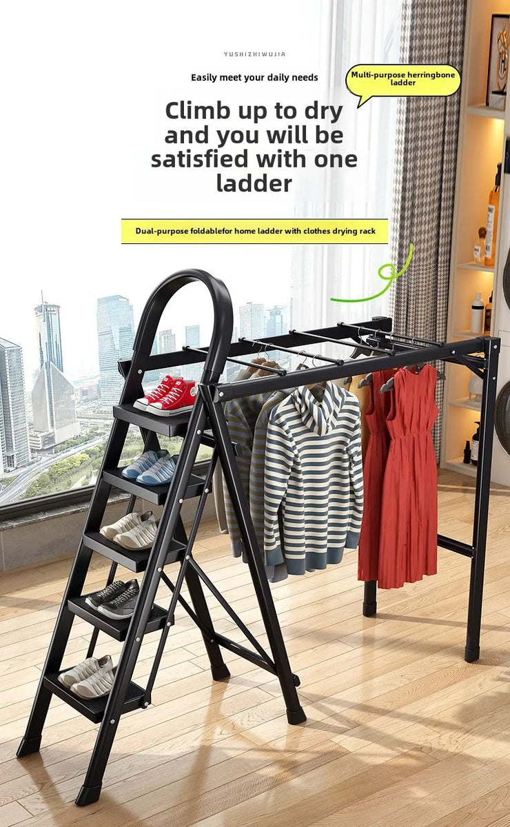 Multifunctional Folding Ladder – Space-Saving Herringbone Design, Dual-Purpose Clothes Rack for Home Use