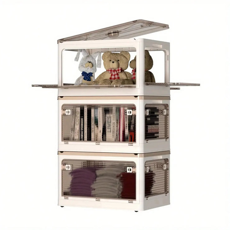 Storage Cabinet with Libs 3Packs Clear Doors Shelves Organizer Stackable Storage Bins Folding Storage Box Collapsible Bookshelf