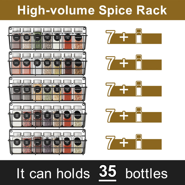 5pcs Wall Mounted Kitchen Shelves Black Metal Spice Storage Rack Hanging Pantry Seasoning Organizers Space Saving for Cabinet