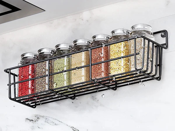 5PCS Adhesive Spices Storage Rack Black Iron Cabinet Organizer Wall Mounted Kitchen Shelves Household Multi-function Accessories