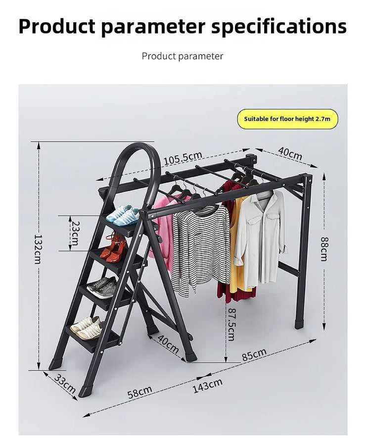 Multifunctional Folding Ladder – Space-Saving Herringbone Design, Dual-Purpose Clothes Rack for Home Use