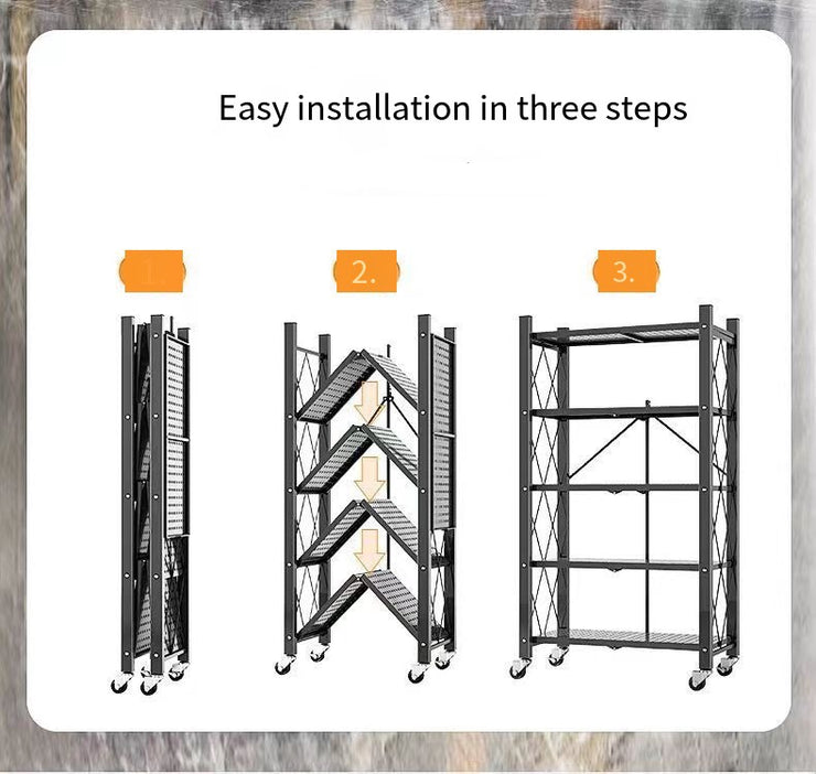5-Tier No-Assembly Folding Shelf with Wheels – Stackable Storage Rack for Closet, Bedroom, Living Room – Portable & Easy Assembly – Space-Saving Organizer