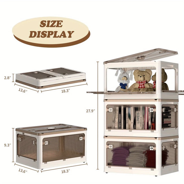 Storage Cabinet with Libs 3Packs Clear Doors Shelves Organizer Stackable Storage Bins Folding Storage Box Collapsible Bookshelf