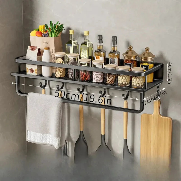 30/40/50CM Kitchen Rack Wall-mounted Spice Storage Rack with Hook Rod Kitchen Utensils Shovel Hook Rack Kitchen Accessories