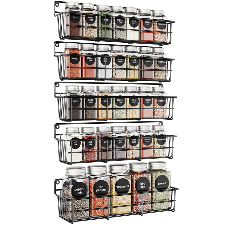 5pcs Wall Mounted Kitchen Shelves Black Metal Spice Storage Rack Hanging Pantry Seasoning Organizers Space Saving for Cabinet