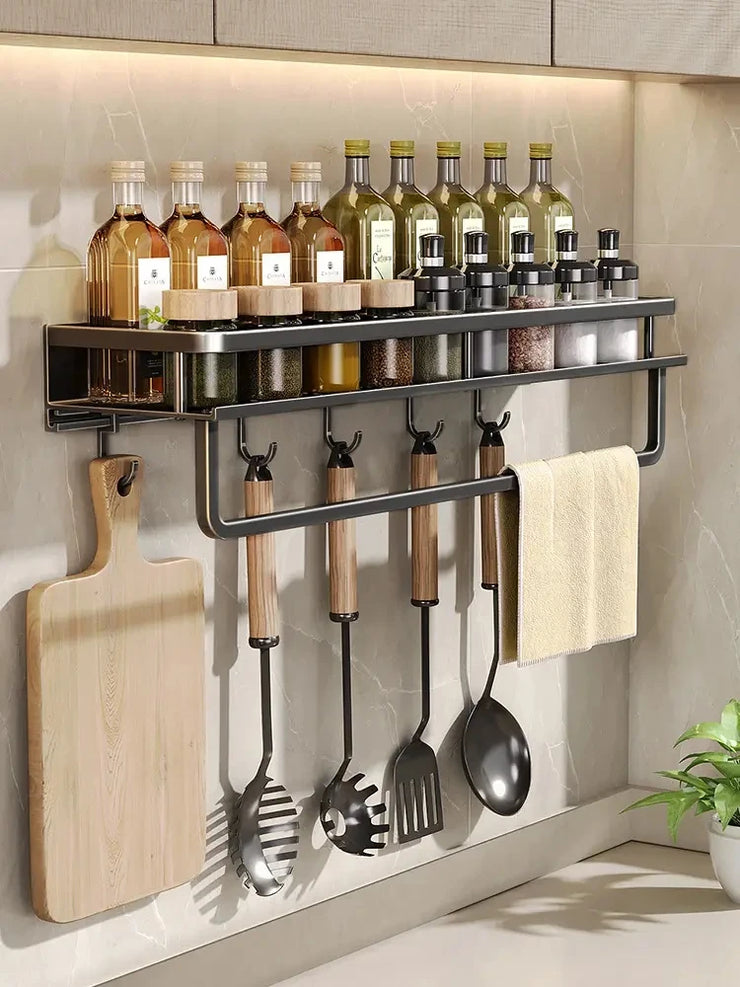 30/40/50CM Kitchen Rack Wall-mounted Spice Storage Rack with Hook Rod Kitchen Utensils Shovel Hook Rack Kitchen Accessories