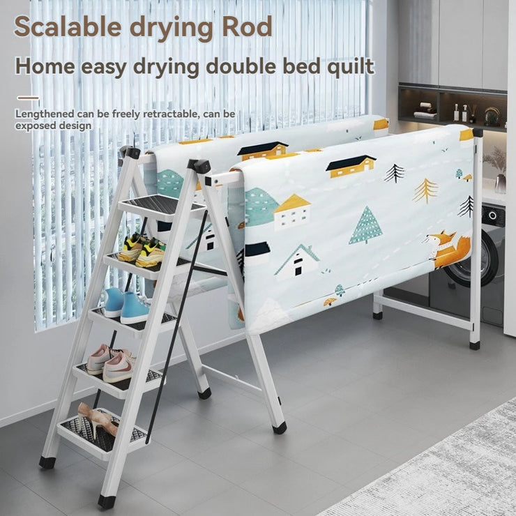 Multifunctional Folding Ladder with Retractable Clothes Rack – Zigzag Ladder for Home Use