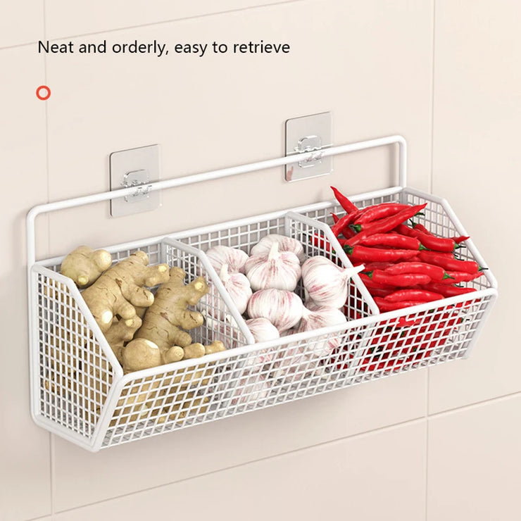 Kitchen Wall Mounted Storage Rack Onion Ginger Garlic Condiments Spice Shelf Wall Punch-Free Vegetable Fruit Drain Basket