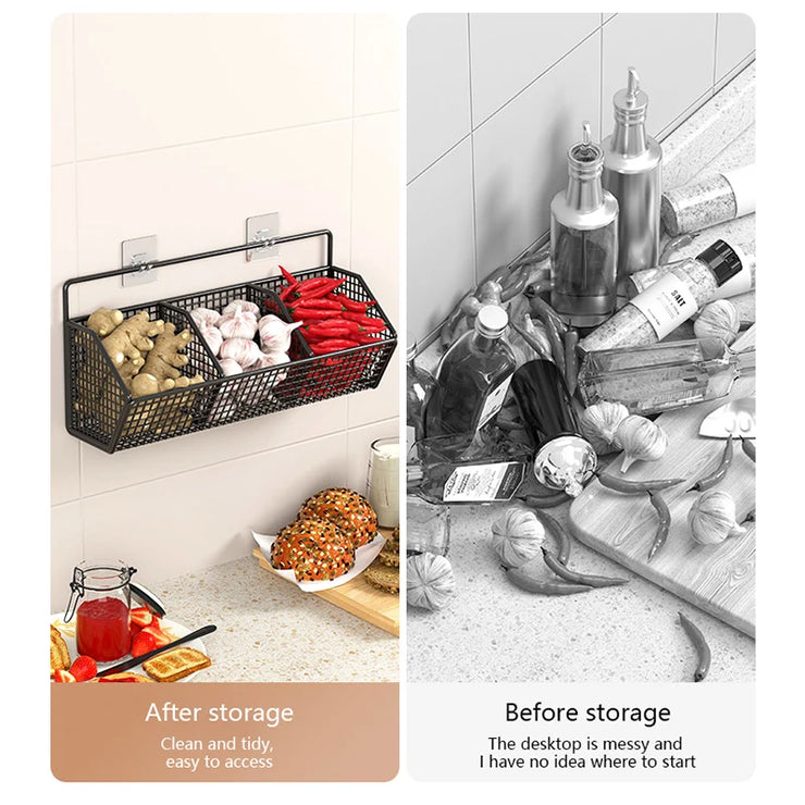 Kitchen Wall Mounted Storage Rack Onion Ginger Garlic Condiments Spice Shelf Wall Punch-Free Vegetable Fruit Drain Basket