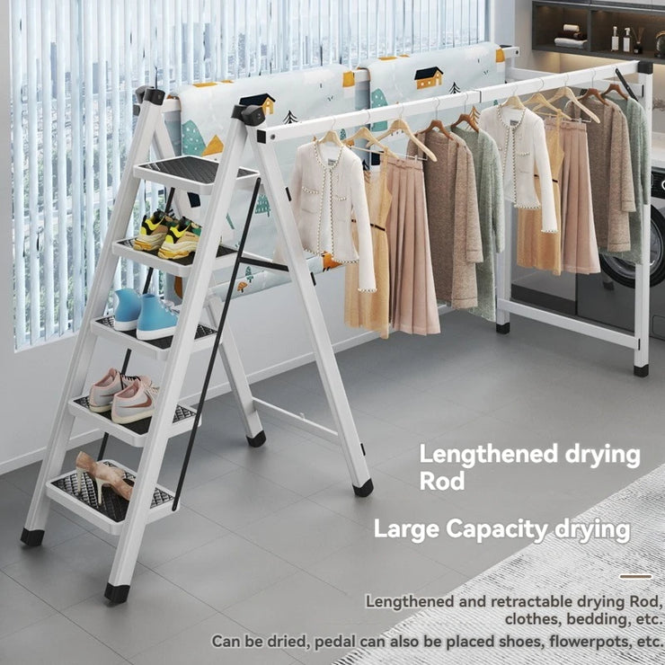 Multifunctional Folding Ladder with Retractable Clothes Rack – Zigzag Ladder for Home Use