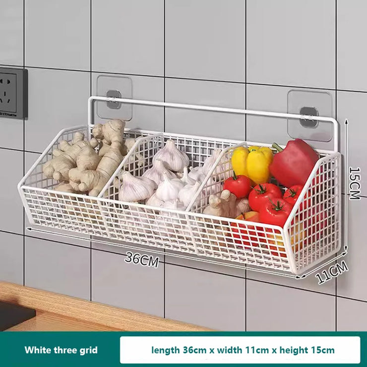 Kitchen Wall Mounted Storage Rack Onion Ginger Garlic Condiments Spice Shelf Wall Punch-Free Vegetable Fruit Drain Basket